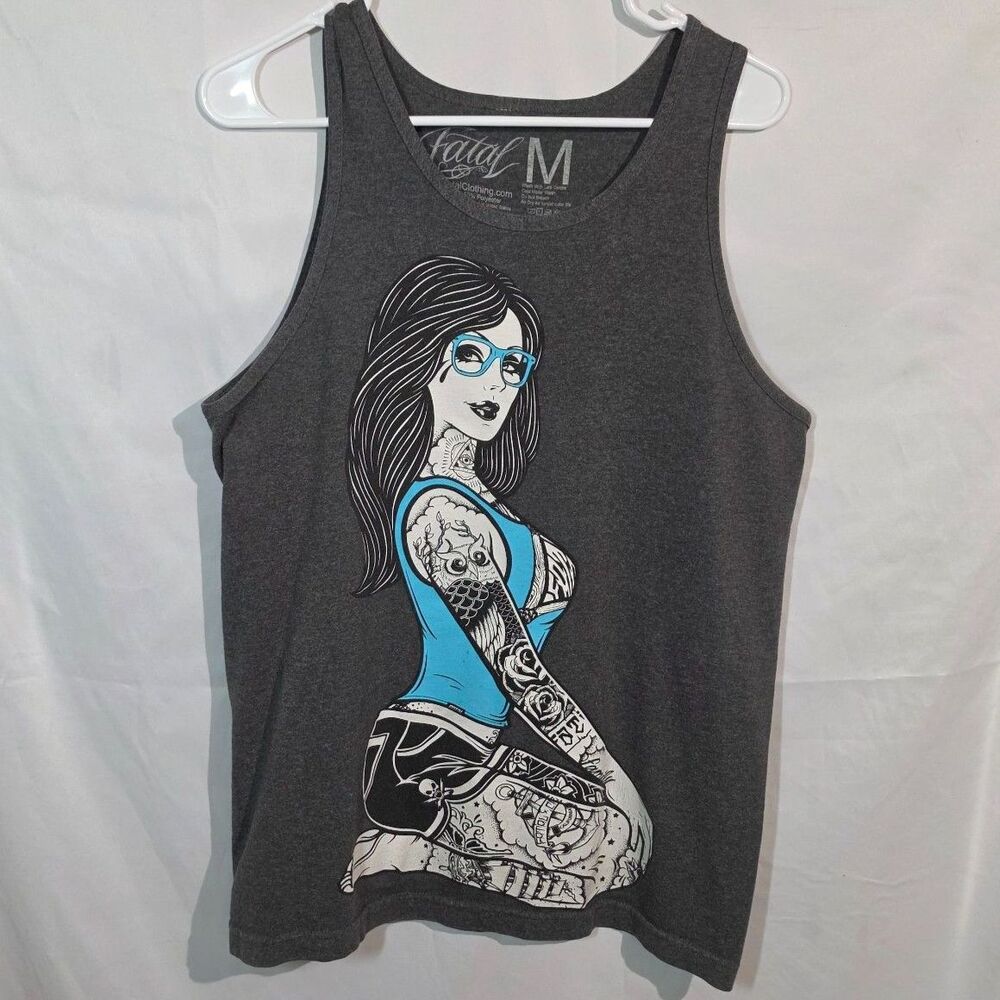 Fatal Clothing Tank Top Gray Tattoo Girl Graphic Pinup Streetwear Men's M